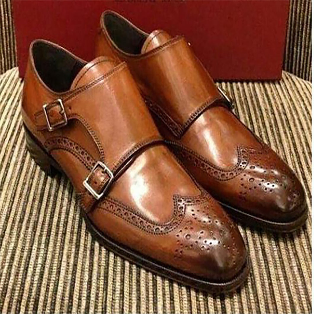 Handmade Men's Brown Leather Monk Strap Wing Tip Brogue Shoe