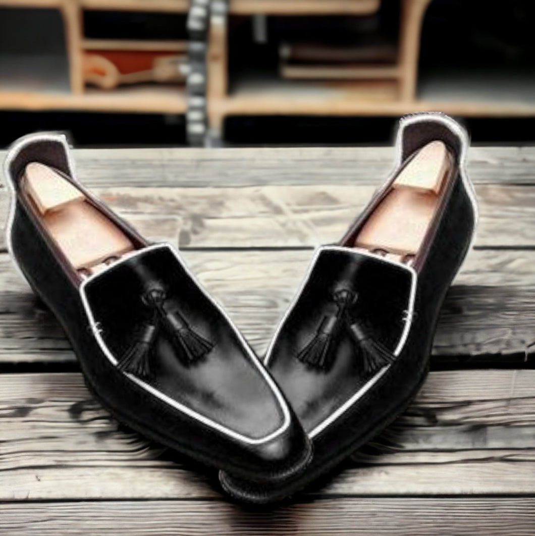Handmade Men's Loafer Shoes, Men Black Leather Loafer Slip Tassels Casual Shoes.