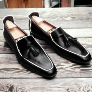 Handmade Men's Loafer Shoes, Men Black Leather Loafer Slip Tassels Casual Shoes.