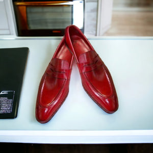 Burgundy Color Burnished Cap Toe Handmade Genuine Leather Stylish Men Shoes