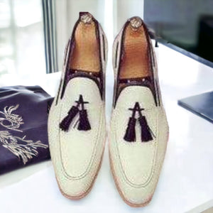 Handmade Men's Leather White Slip On Moccasin Tussles Shoes - leathersguru