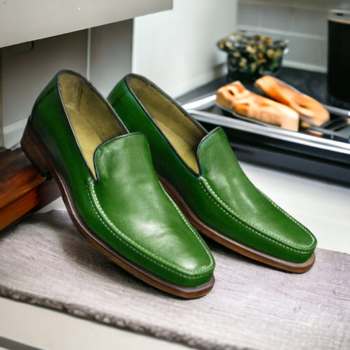 Handmade Green Leather Loafers For Men's - leathersguru