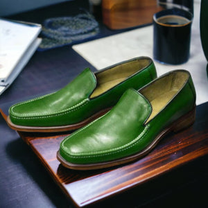 Handmade Green Leather Loafers For Men's - leathersguru