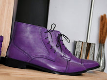 Load image into Gallery viewer, Ankle High Hand Painted Purple Leather Boot
