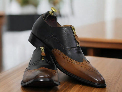 Handmade Brown Black Zipper Shoes, Men's Wing Tip Office Leather Shoes