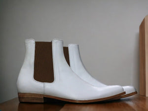 Handmade Pure White Genuine Leather Boot, Men's Chelsea Boot, Luxury Boot