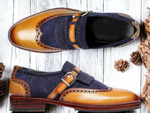 Load image into Gallery viewer, Men&#39;s Blue Brown Buckle Leather Shoes, Hand Painted Buckle Formal Shoes

