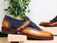 Load image into Gallery viewer, Men&#39;s Blue Brown Buckle Leather Shoes, Hand Painted Buckle Formal Shoes
