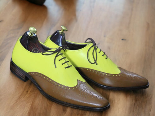 Handmade Brown Yellow Genuine Leather Lace Up Shoes, Men's Dress Shoes