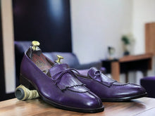 Load image into Gallery viewer, Handmade Purple Cow Hide Genuine Leather Shoes, Men&#39;s Fringe Loafer Shoes
