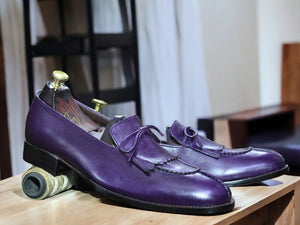 Handmade Purple Cow Hide Genuine Leather Shoes, Men's Fringe Loafer Shoes