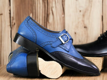 Load image into Gallery viewer, Handmade Men&#39;s Blue Monk Dress Leather Buckle Shoes
