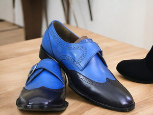 Handmade Men's Blue Monk Dress Leather Buckle Shoes