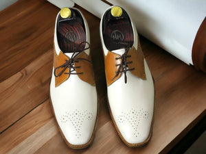 Handmade Men's Brown White Brogue Toe Lace Up Office Shoes