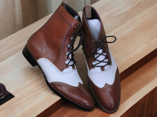 Ankle High Brown & White Lace Up Boot, Wing Tip Formal Boot