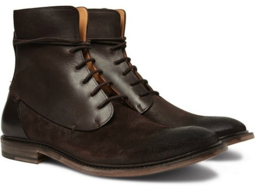 Handmade Dark Brown Leather Suede Lace Up Boot