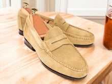 Load image into Gallery viewer, Handmade Beige Suede Penny Loafer Shoes, Slip On Moccasin Loafer Shoes
