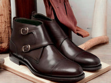 Load image into Gallery viewer, Men&#39;s Ankle High Double Buckle Cordovan Leather Boot, Cap Toe Boot
