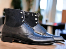 Load image into Gallery viewer, Handmade Black Leather  Suede Wing Tip Boot, Lace Up Brogue Boot
