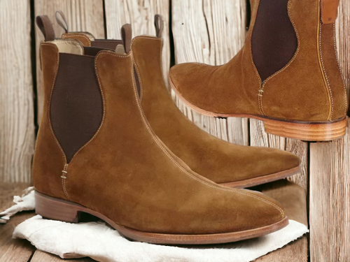 Handmade Men's Ankle High Brown Suede Chelsea Boot