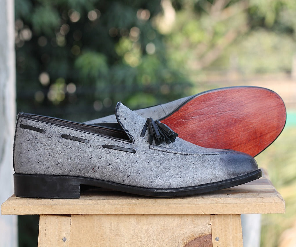 Bespoke Gray Ostrich Leather Tussle Loafer  Shoe for Men - leathersguru