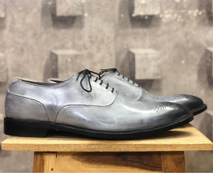 Bespoke Gray Leather Brogue Toe Lace Up Shoe for Men - leathersguru