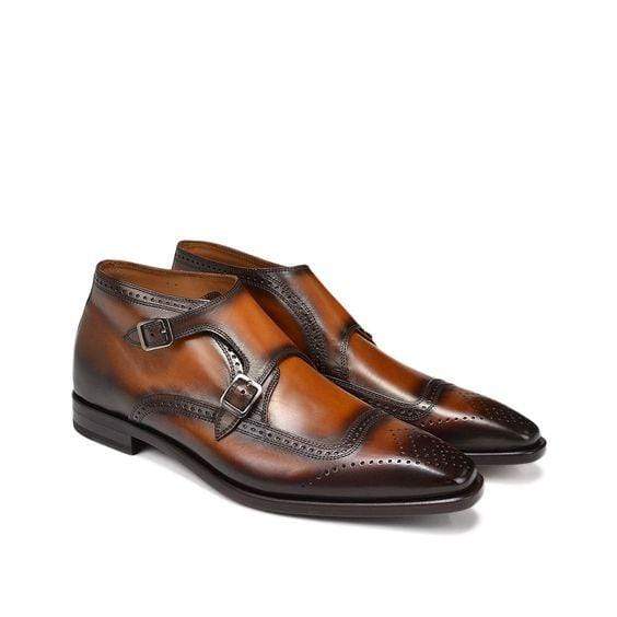 Handmade Men's Half Ankle Tan Leather Monk Strap Boot - leathersguru