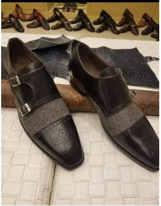 Handmade Black Gray Double Monk Leather Tweed Shoe - leathersguru