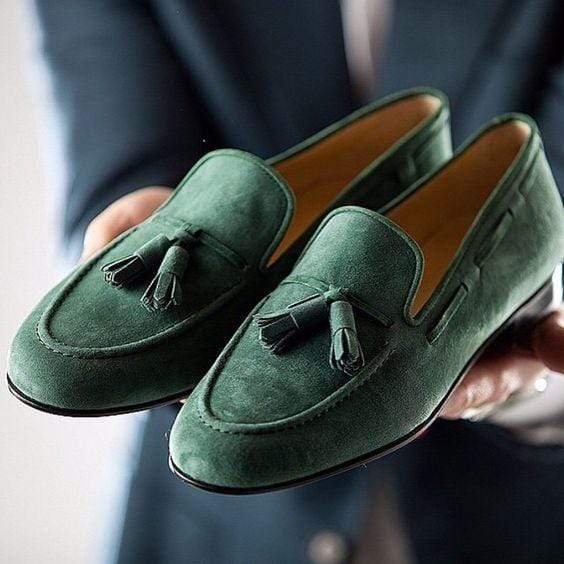 Handmade Green Loafers Suede Tussles Shoe - leathersguru
