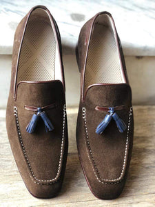 Men's Suede Loafers Shoes, Dark Brown Slip On Moccasin Tussles Shoes - leathersguru
