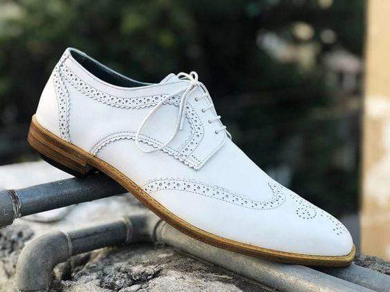 Men's Leather White Wing Tip Brogue Shoes - leathersguru