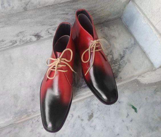 Handmade Men's Half Ankle Leather Red Black Chukka Boot - leathersguru
