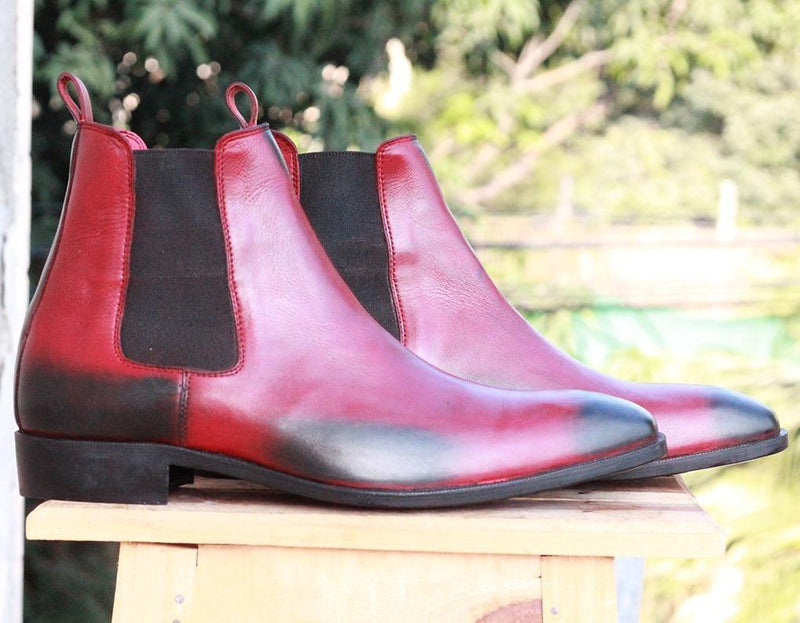 Handmade Black Burgundy Leather Chelsea Boots - leathersguru