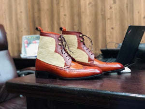 Bespoke Tan Beige Leather Suede Wing Tip Ankle Boots - leathersguru