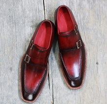 Load image into Gallery viewer, Handmade Tone Burgundy Leather shoes, Men&#39;s Double Monk Formal Shoes
