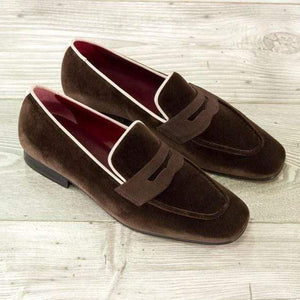 Men's Dark Brown Velvet Penny Loafers Shoes - leathersguru