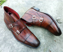 Load image into Gallery viewer, Bespoke Brown Leather Ankle Double Monk Strap Cap Toe Boot, Oxford Boot
