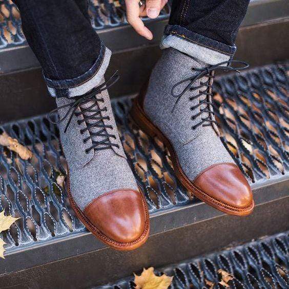 Handmade Men's Ankle High Gray Brown Leather Cap Toe Lace Up Boot - leathersguru