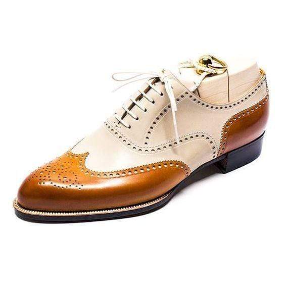 Men's Leather Tan Beige Wing Tip Brogue Shoes - leathersguru