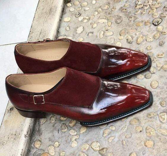 Handmade Men's Maroon Leather Suede Monk Strap Shoes - leathersguru