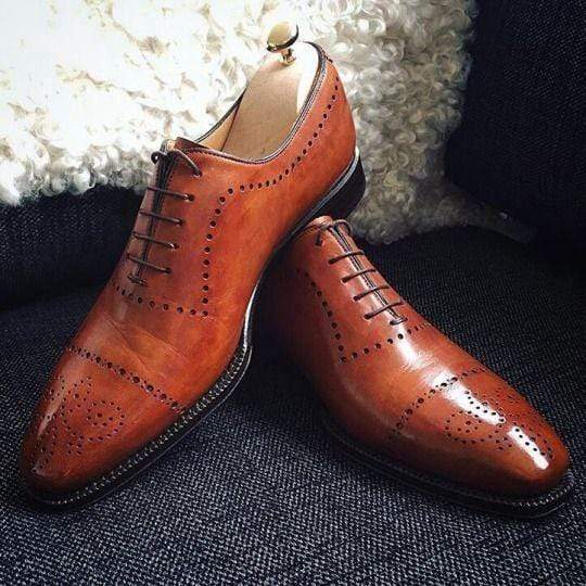 Handmade Men's Leather Brown Cap Toe Brogue Shoes - leathersguru