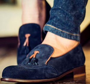 Men's Handmade Blue Suede Tussles Loafers Shoe - leathersguru