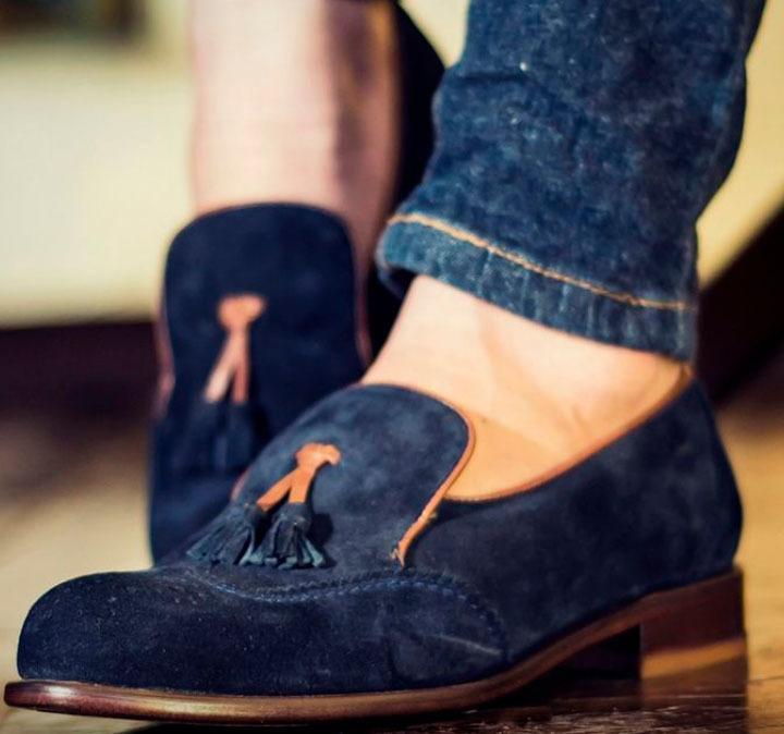 Men's Handmade Blue Suede Tussles Loafers Shoe - leathersguru