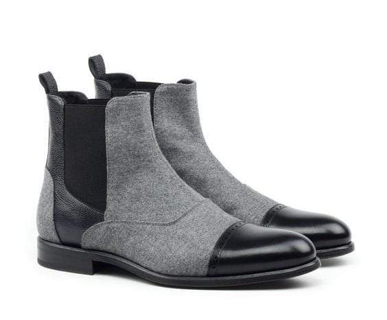 Handmade Men's Ankle High Leather Black Gray Chelsea Cap Toe Boot - leathersguru