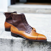 Load image into Gallery viewer, Men,s Tan &amp; Brown Cap Toe Leather Ankle Boots. Men Dress Formal Fashion Boots
