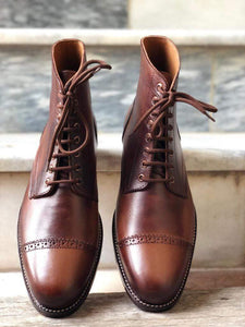 Handmade Men's Ankle High Brown Leather Cap Toe Boot - leathersguru