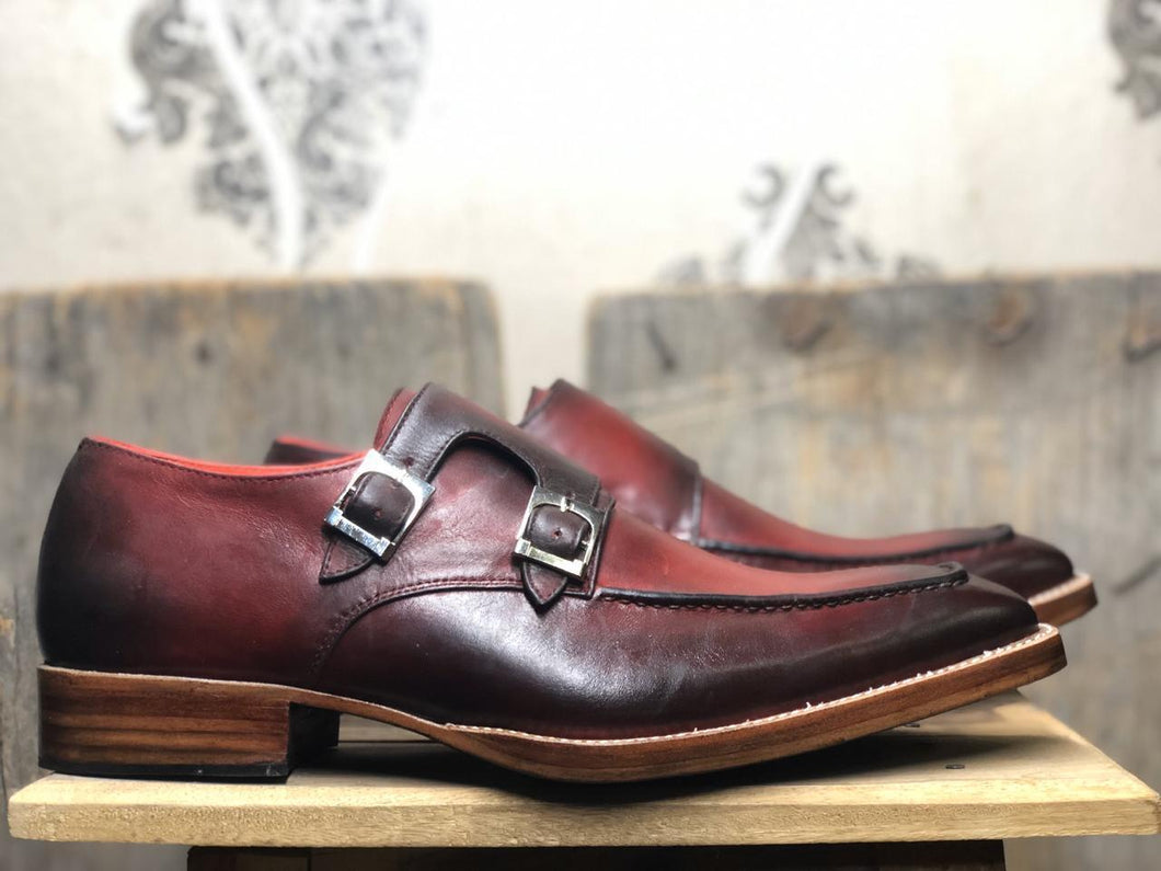 Handmade Burgundy Leather Double Monk Shoes For Men' - leathersguru