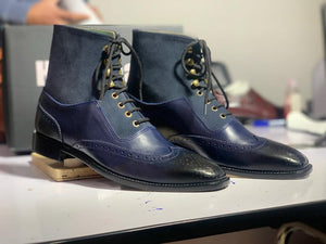 Bespoke Blue Ankle High Leather Suede Wing Tip Lace Up Boot, Men's Fashion Boot