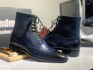 Bespoke Blue Ankle High Leather Suede Wing Tip Lace Up Boot, Men's Fashion Boot