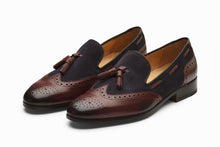 Load image into Gallery viewer, Bespoke Black Brown Leather Suede Wing Tip Tussle Loafer Shoes - leathersguru
